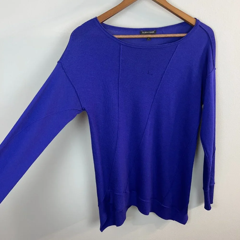 Eileen Fisher Sweater Womens Small Purple 100% Merino Wool Lightweight Knit Hole
